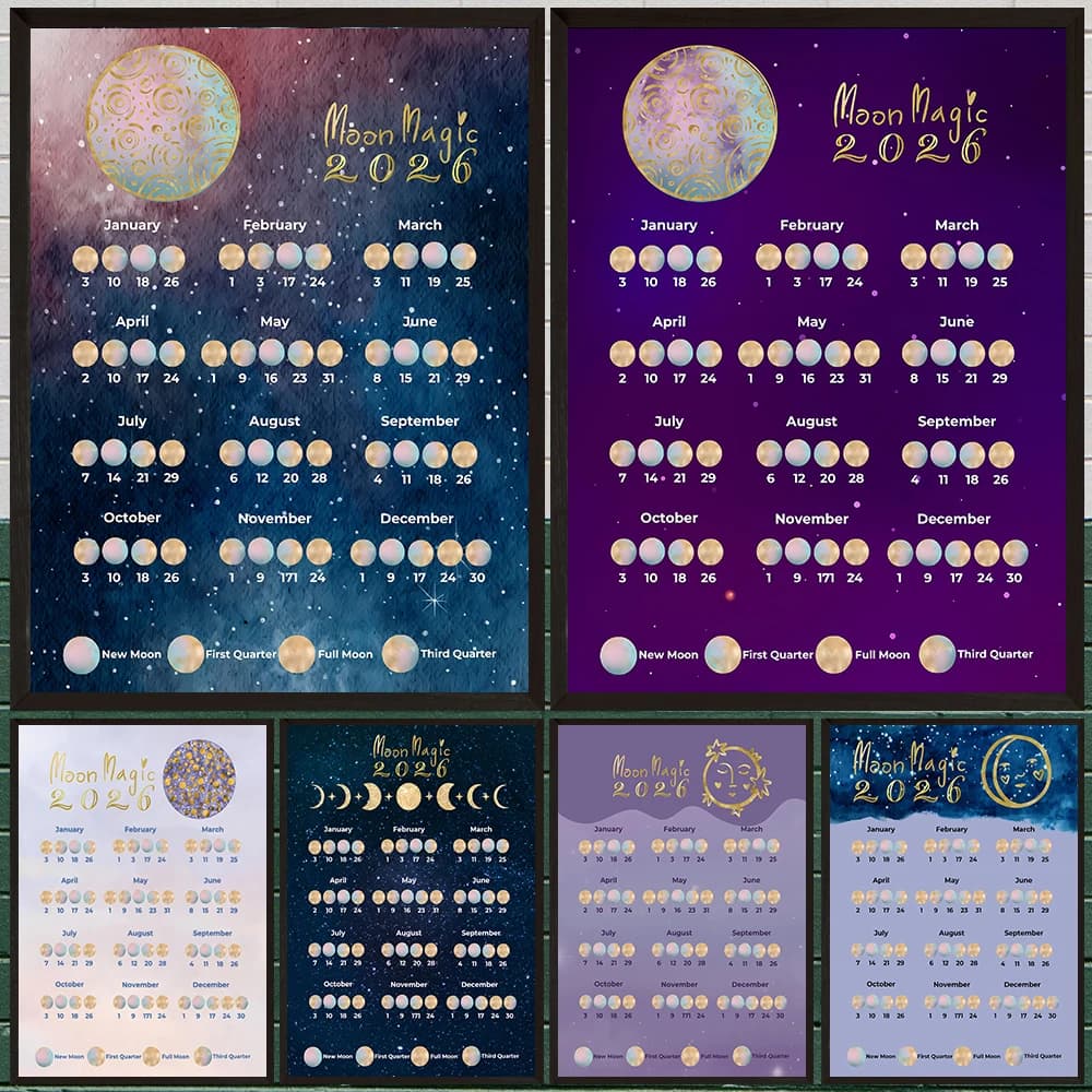 2026 Moon Calendar Witchy Grimoire Pages Wall Art Canvas Painting,2026 Moon Phases Calendar Art Poster Print Home Decor Unframed