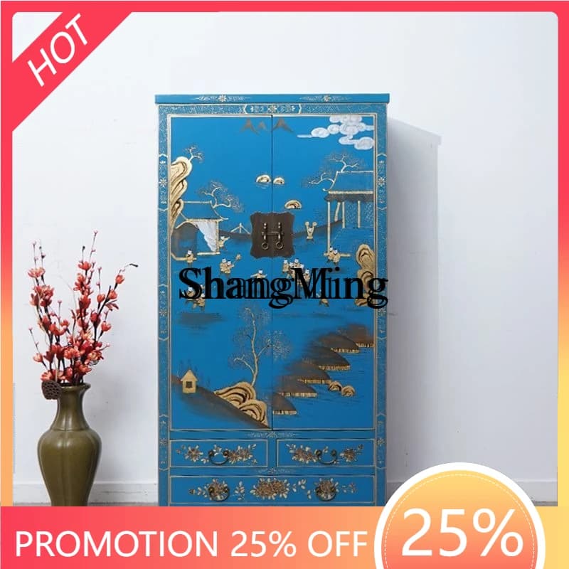 SM Chinese-style solid wood home bedroom retro elm painted gold-painted wardrobe large-capacity storage