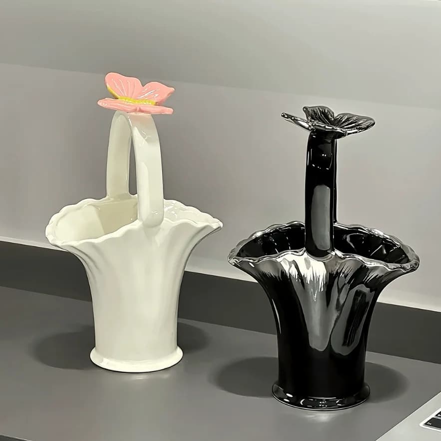Ceramic Vase Butterfly Handbag Carrying Basket Flowervase Flowerpot Flower Arrangement Accessories Flower Basket Home Decor