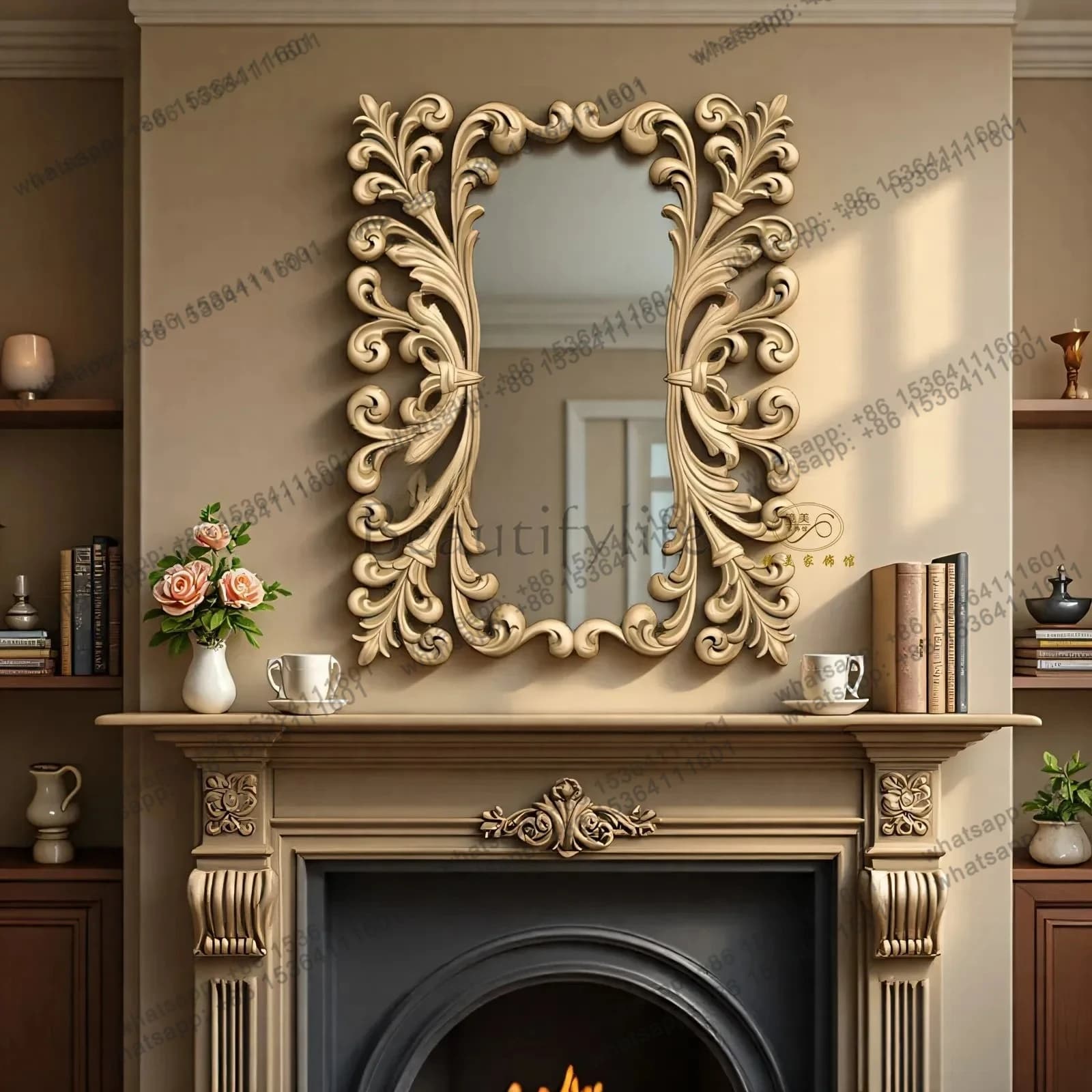 French retro square bathroom mirror American bedroom, European style, entrance background wall fireplace decorative mirror