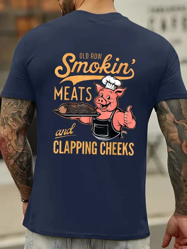 Soft and comfortable men's casual cotton T-shirt-round neck and short sleeves-breathable knitted fabric with chef pig pattern.