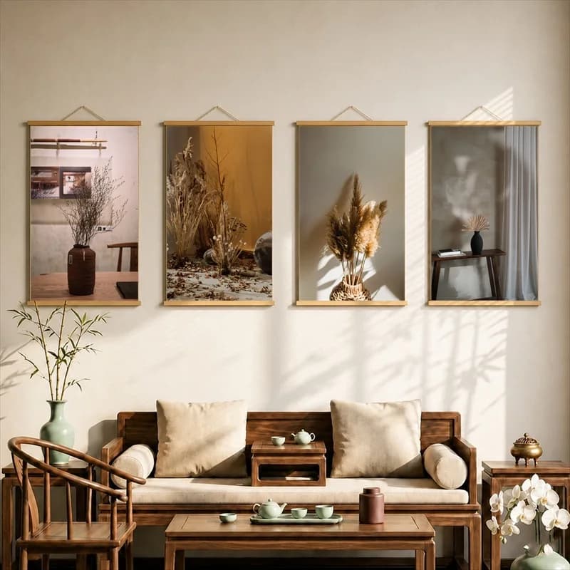 Home Decor Items Forest Tea Ceremony Still Life, Wabi Sabi Decor Pearlescent Canvas Hanging Scroll Decor for Herbal Tea Lounge