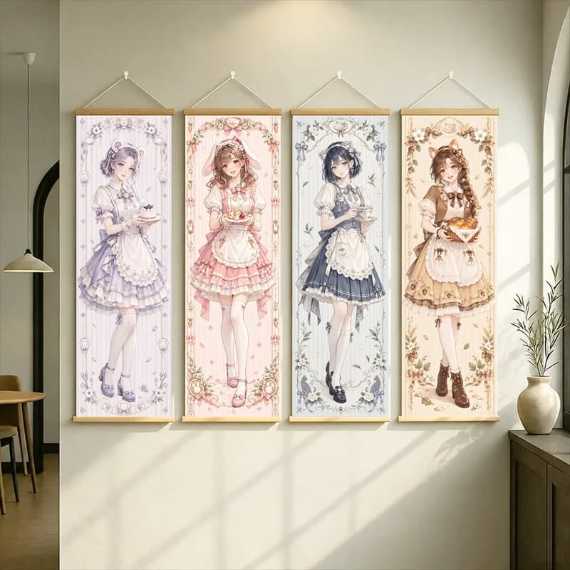 Anime Maid Girls Hanging Scroll with Lavender, Pink, Navy and Brown Ruffled Dresses in a Soft Floral Style for a Bedroom