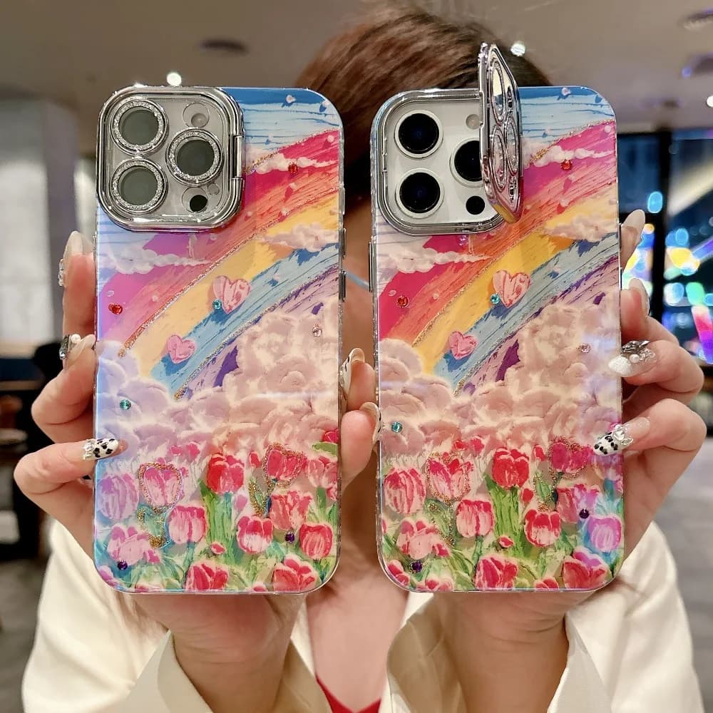 Fashion Oil Rainbow Printing Phone Case For iPhone 16 Pro Max 15 Plus 14 Pro 13 Series With Lens Protection(Not 3D Effect)