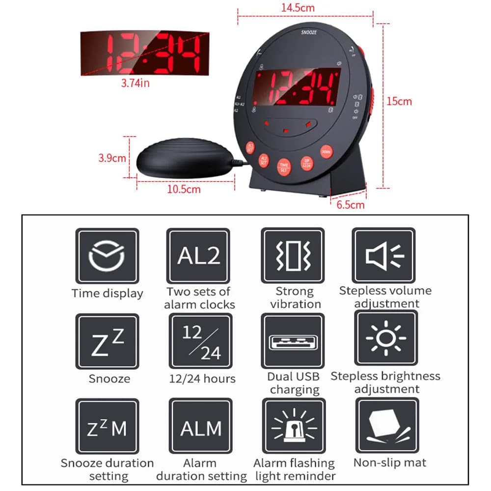 Adjustable Snooze Dual Alarm Setting TS-BC600 LED Display Alarm Clock Loud Vibrating with Bed Shaker Flashlight Brightness USB