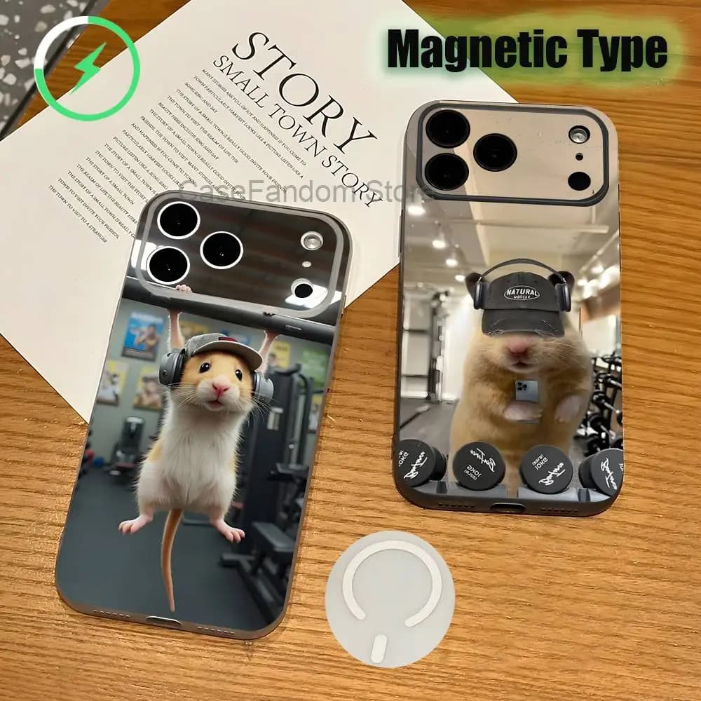 Cute Gym Hamster Magnetic Wireless Charging Transparent White Phone Case For iPhone 17,16,15,14,13,12,11,Pro,Max,Plus