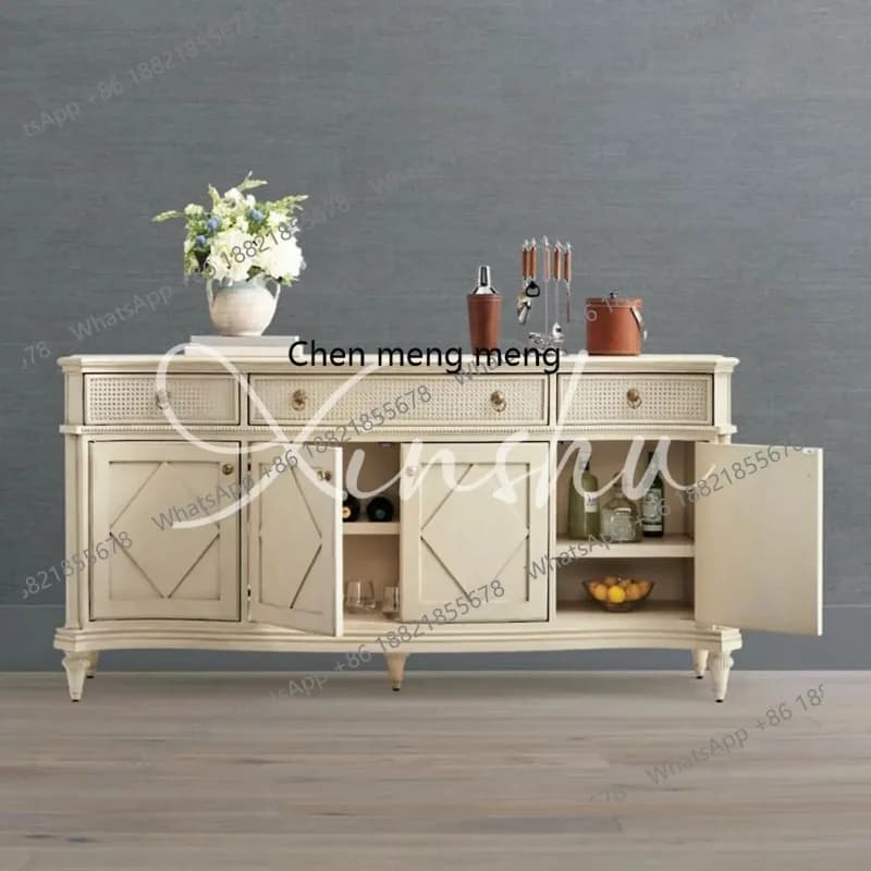 RR French rattan dining side cabinet small apartment solid wood locker living room tea cabinet storage