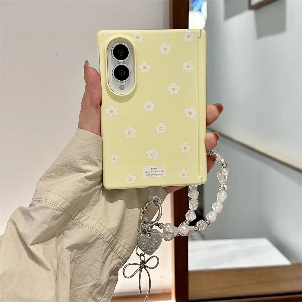 Korean Ins yellow Colored flowers Phone case for Samsung Galaxy Z Fold 8 fold 8 Funda With Stand Chain Fashion Shockproof Cover