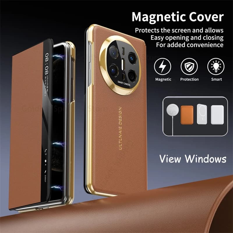 View Windows Smart Case For Huawei Mate X6 ICL-AL10 Leather Flip Phone Magnet Cover For HUAWEI Mate X5 ALT-AL10 Wireless Charger