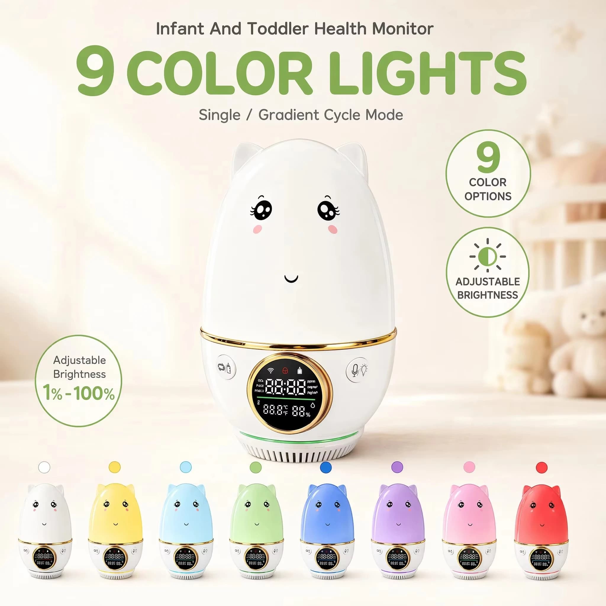 Smart Baby Monitor with Air Quality Sensor CO2/AQI/PM2.5, Tuya APP Control, Audio Recording, RGB Night Light for Nursery