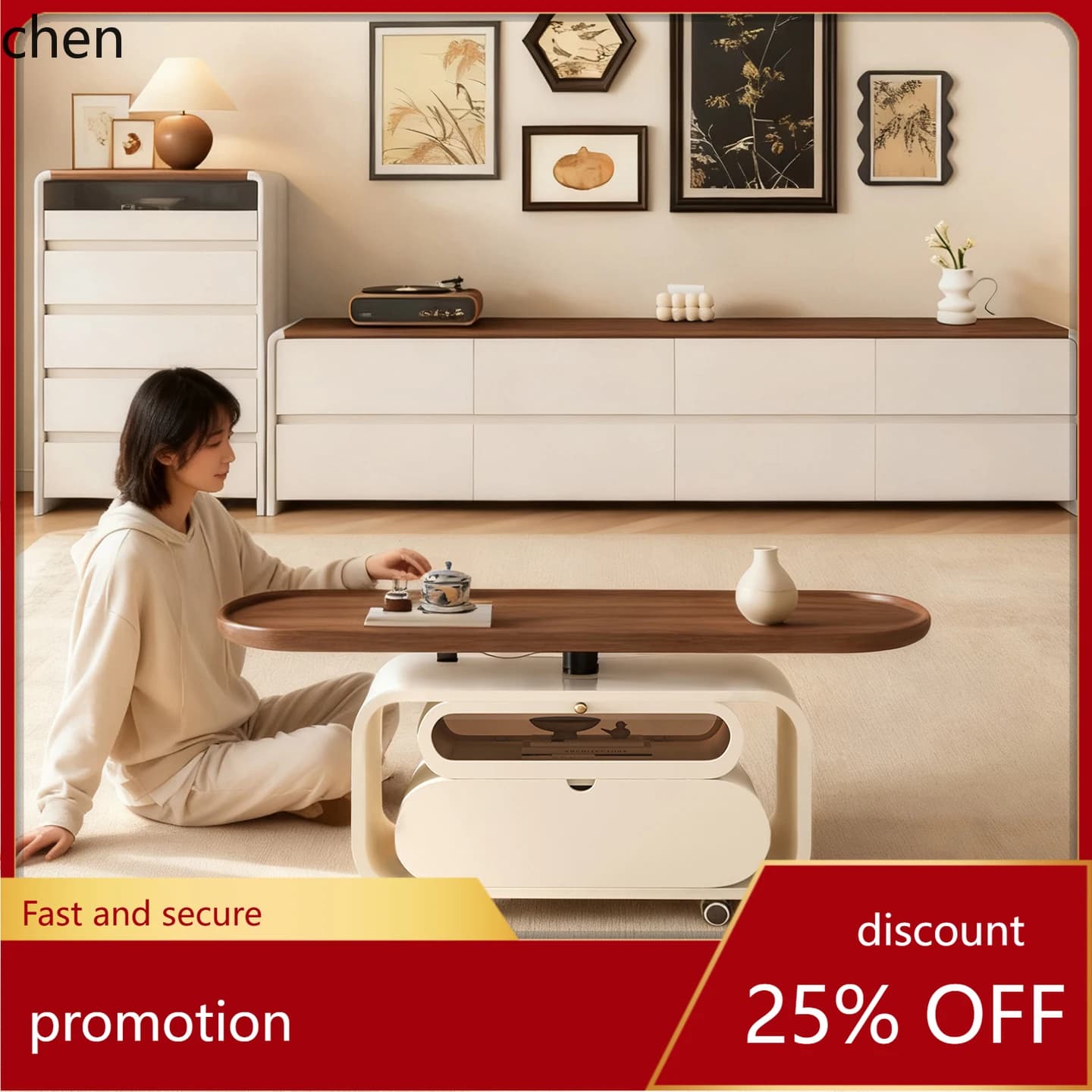 HT Vintage Cream Style Pure  Double Layer Floor TV Cabinet and Coffee Table Set Modern Simple Living Room Storage Cabinet