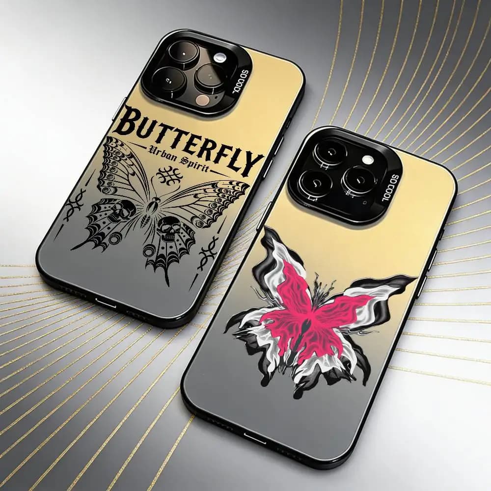 Gothic Black And Pink Butterfly Phone Case For iPhone 16 17 15 14 12 13 Pro Max Black Candy Matte Shockproof Cover