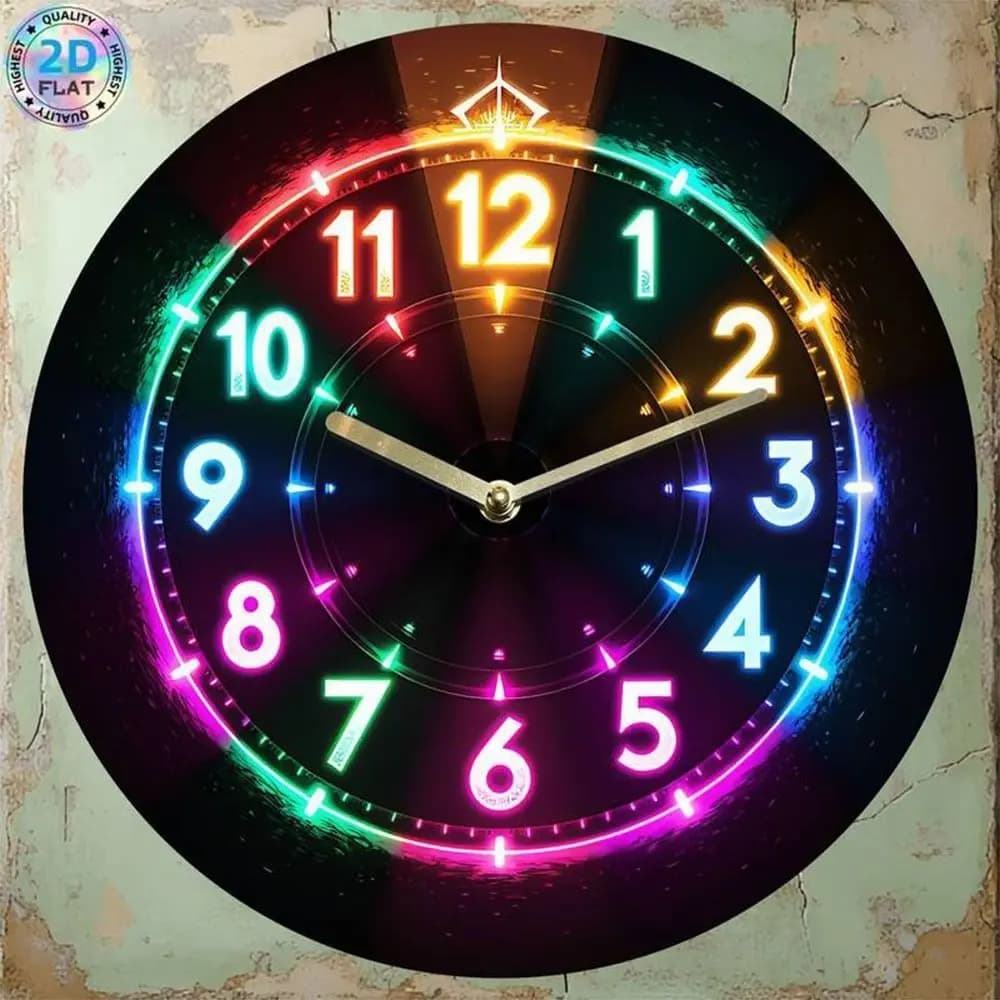 Retro 2D Flat Wall Clock Round LED Digital Display Wooden Alarm Clock Early Education Silent Electronic Color Clock Living Room