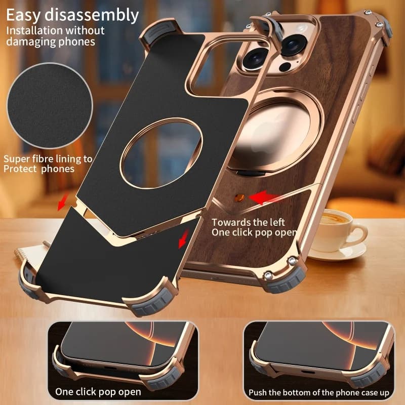 Wooden Pattern Titanium Borderless Case For iPhone 16 15 14 Pro Max For Magsafe Magnetic Metal Bracket Anti-fall Back Cover