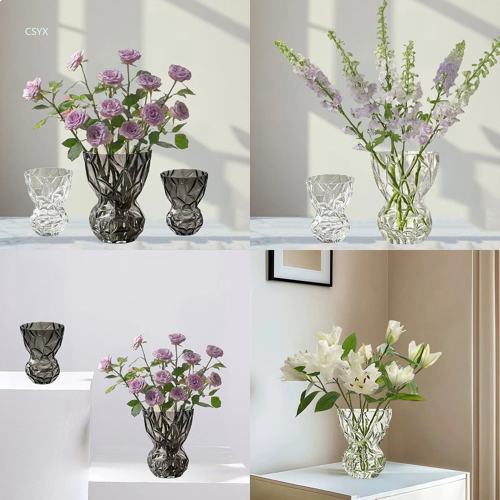 Aesthetic Nordic Valley Texture Smoky Transparent Glass Vase for Hydroponic Flowers, Wide Mouth High Quality Bulk