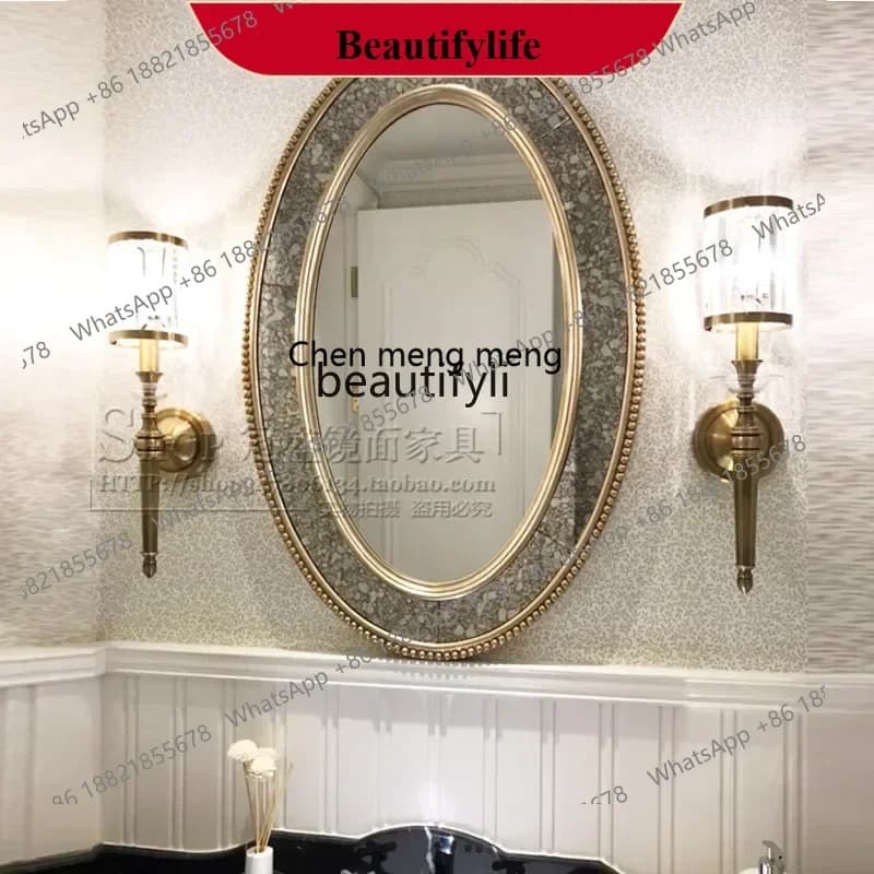 French Vintage, Bathroom Makeup Mirror Oval Wall-mounted Wall American Living Room Entrance Fireplace Decorative Mirror