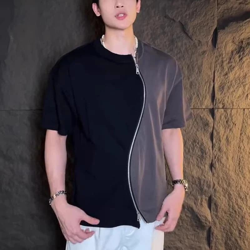 2026 Summer Men's High Street T-shirt Irregular Zipper Color Block Patchwork Casual Short Sleeve Tee Streetwear