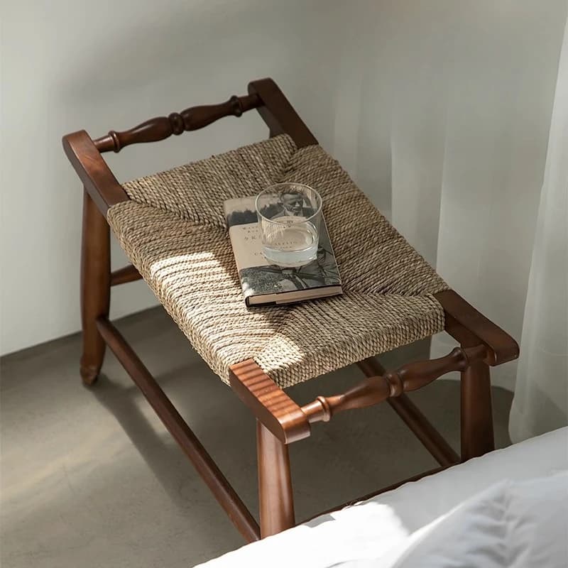 Vintage Woven Solid Wood Shoe Bench Multi-Purpose Storage Seat Rustic Woven Stool for Home Entryway Bedside Footrest