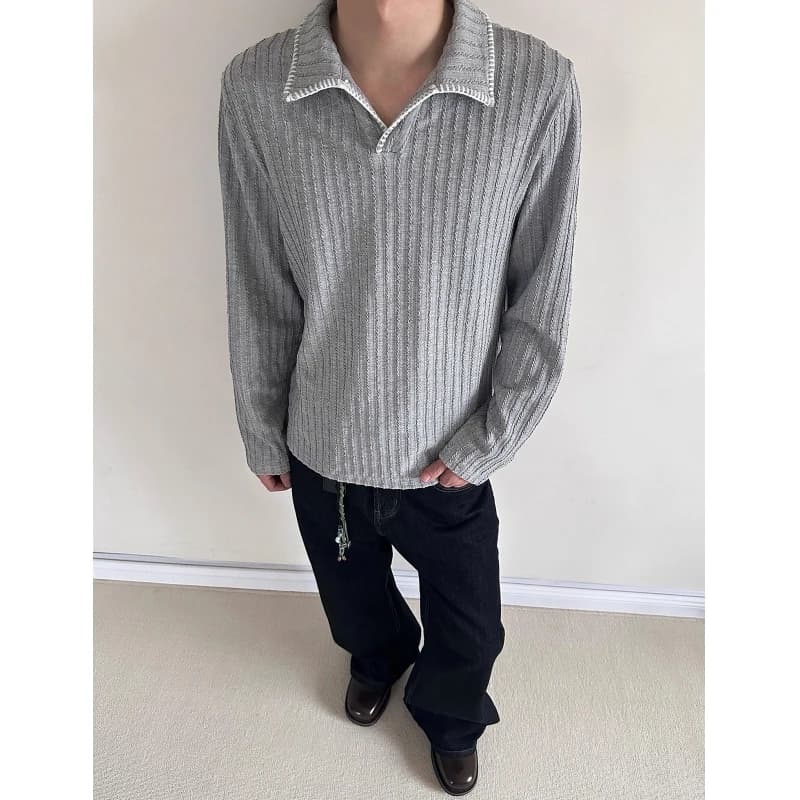Autumn Long Sleeved T-shirt Men Fashion Gray Black Casual Lapel T Shirt Streetwear Korean Loose Pleated T Shirt Mens Top M-3XL