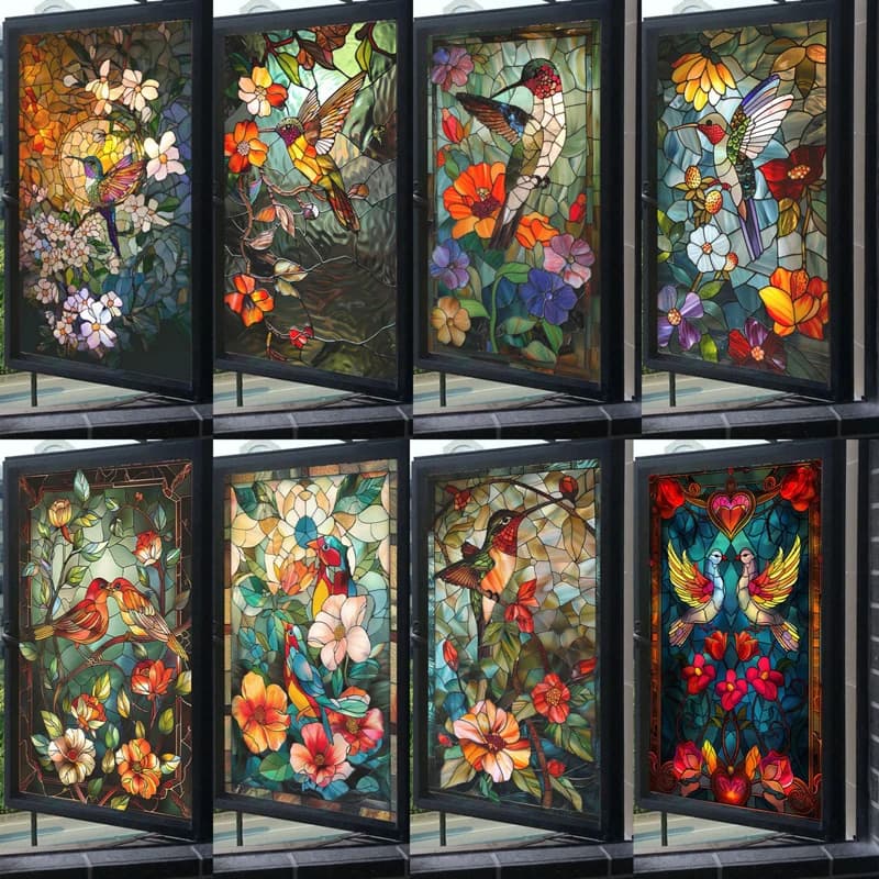Retro Painted Flower-and-bird Art Printed Window Stickers Stained Glass Film Static Cling Opaque Privacy Film Home Office Decor