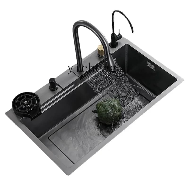 ZZf Kitchen Sink Nano 304 Stainless Steel Waterfall Large Single Sink Vegetable Washing Basin Bowl Pool Table up and down