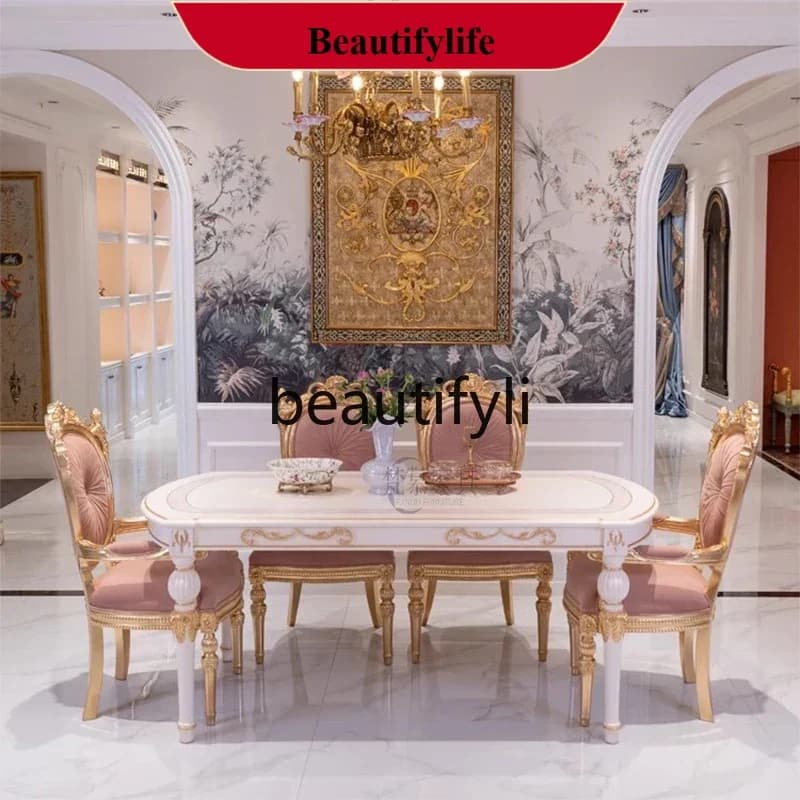 z183  French court style solid wood dining table and chair combination light luxury oval table six chairs dining table