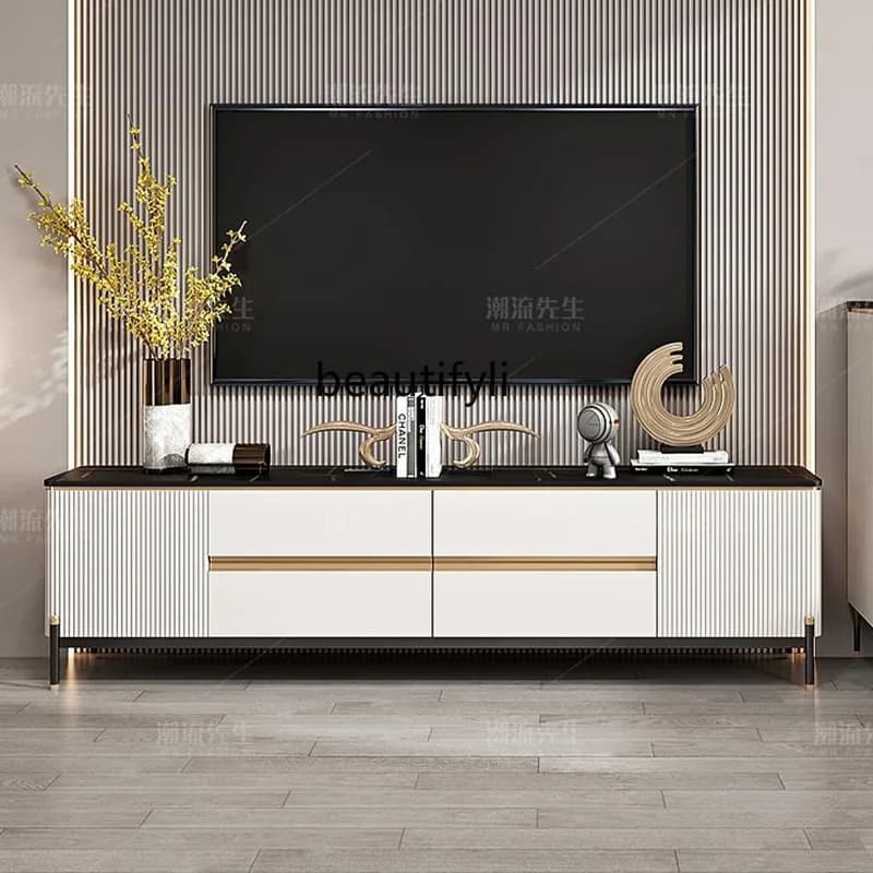 Light Luxury Rock Plate TV Cabinet and Coffee Table Set for Small Living Rooms, Marble Modern Minimalist Design