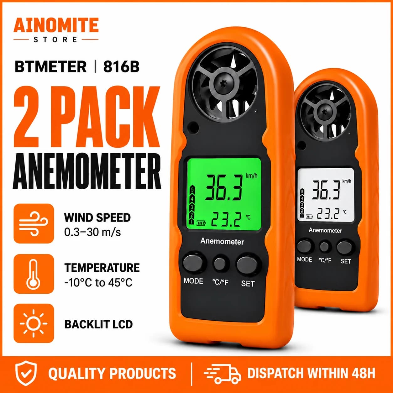 2 Pack Handheld Anemometer Digital Wind Speed Meter LCD Backlight Air Flow Wind Chill Temperature Tester M/s for HVAC Outdoor