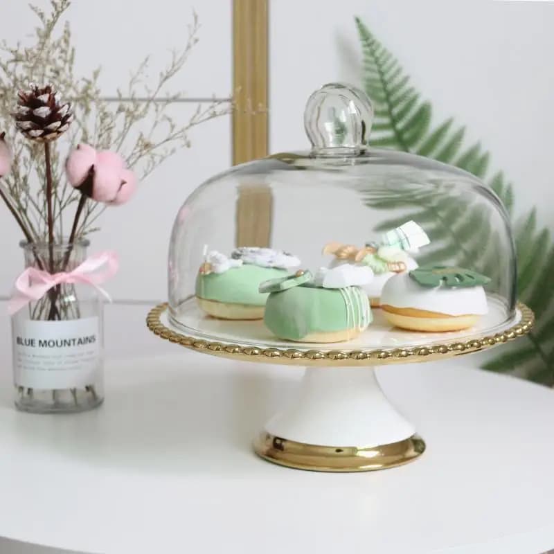 ins Wind Golden Bead Dot Ceramic Tall Cake Tray Dessert Table Fruit Plate Cake Rack Restaurant Fruit Plate