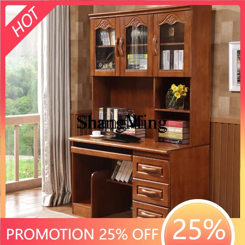 FG good-looking  solid wood with bookshelf integrated cabinet study Chinese one-piece right-angle bookcase home desk