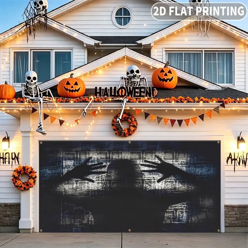 1pc 2D FLAT Halloween Party Garage Banner, Silhouette Hands Against Textured Wall Pattern, No Power Need, for Garage Door Decor