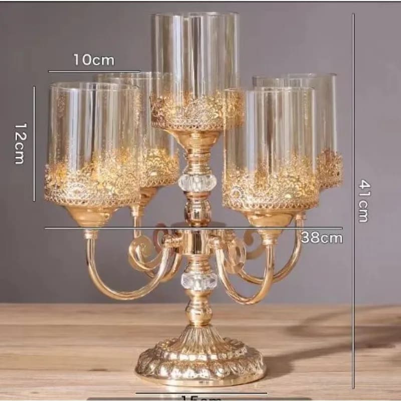 Metal five-headed candle holder, wrought iron candle holder, gold retro candle cup, crystal decorative handicraft ornament.