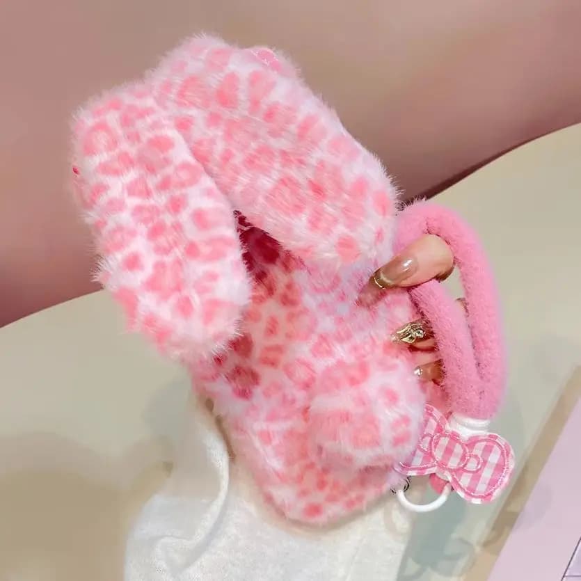 Y2K Leopard Fuzzy Plush Bunny Ear Pom Pom Tail Phone Case for 17 Pro Max Bow Charm Wrist Strap Protective Cover for iPhone 16-13