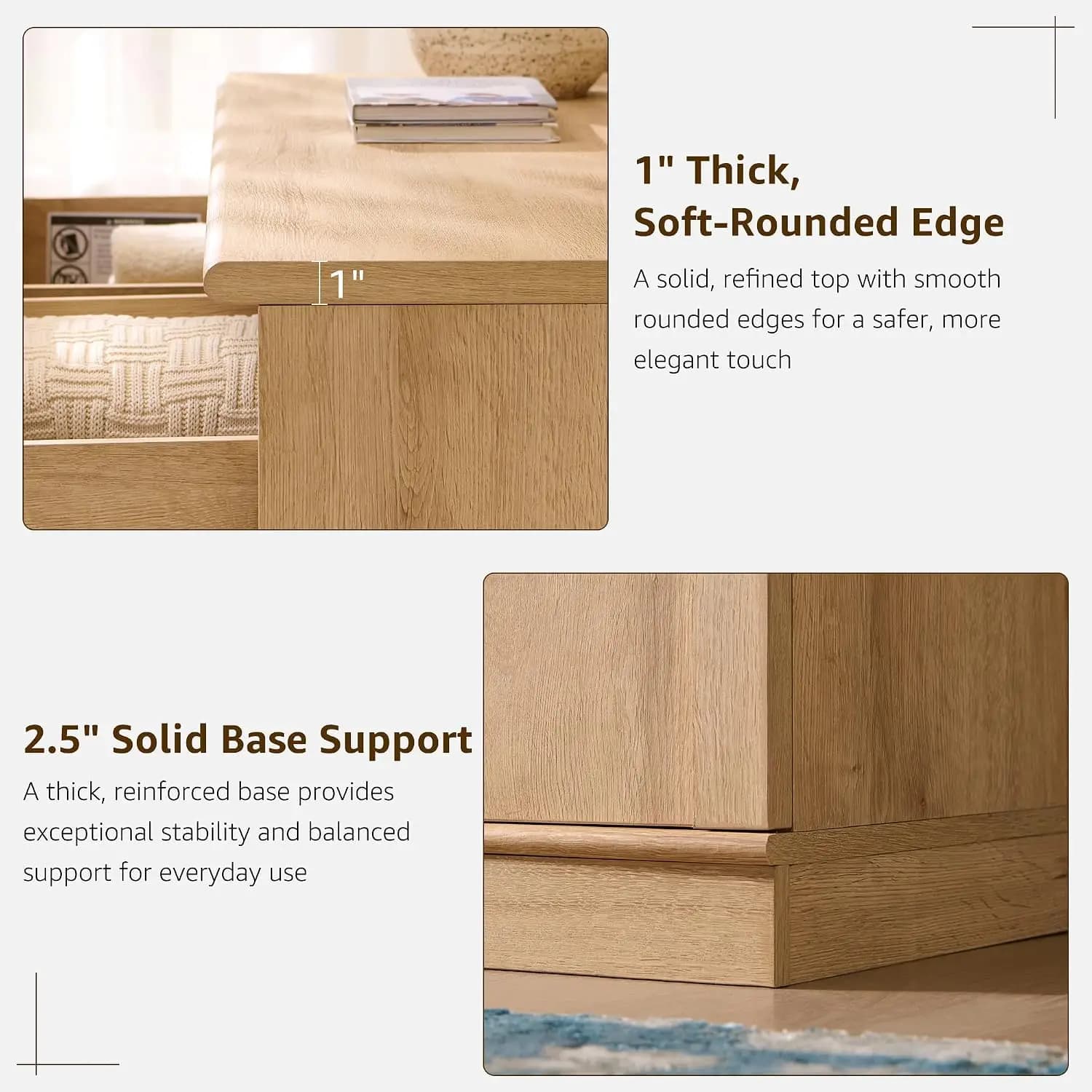18" Modern Nightstand Set 2 with Arched Panel & Charging Station, Oak