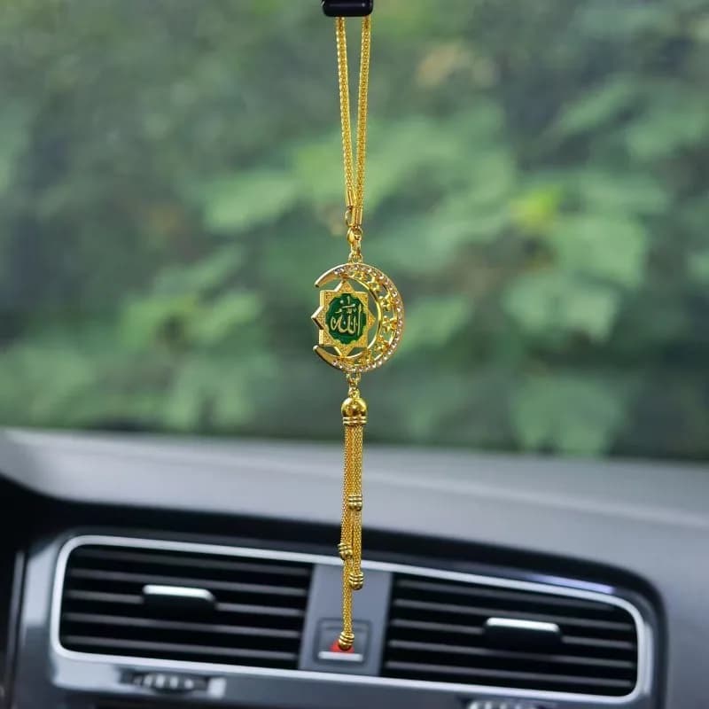 Islamic Car Rear View Mirror Pendant Crescent Moon Star Car Hanging Ornament with Tassel Alloy Muslim Interior Decor Ramadan Eid