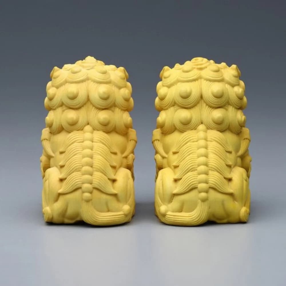 China Boxwood Carved Animal Fengshui Beast Foo Fu Dog Lion Statue Pair Home Desk Statue Decor Collection Crafts Friend Gifts﻿