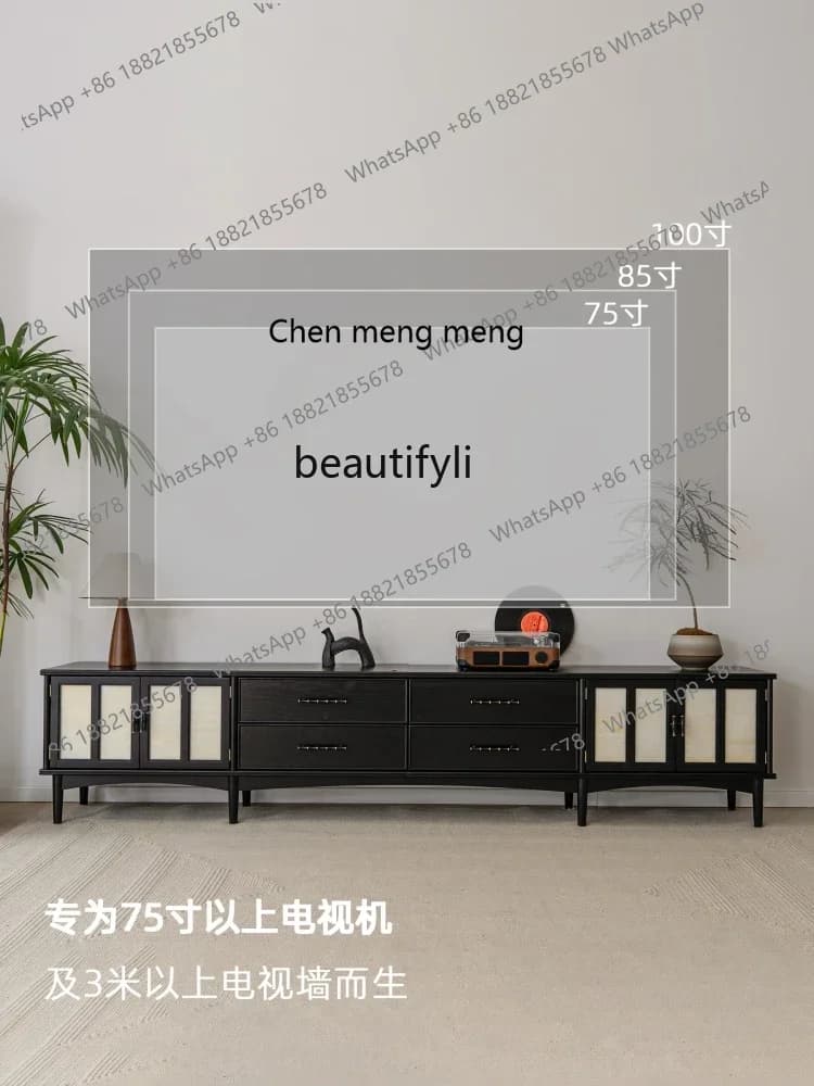 E153 Suying TV Cabinet French Vintage Solid Wood Black High-End Floor-Standing Living Room Long TV Cabinet