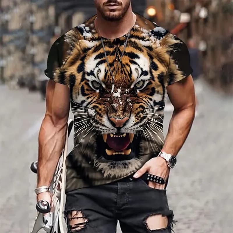 2026 Men's 3D Tiger Print Short Sleeve Crew Neck T-Shirt Breathable Medium Stretch Casual Fashion Tee for Outdoor Activities