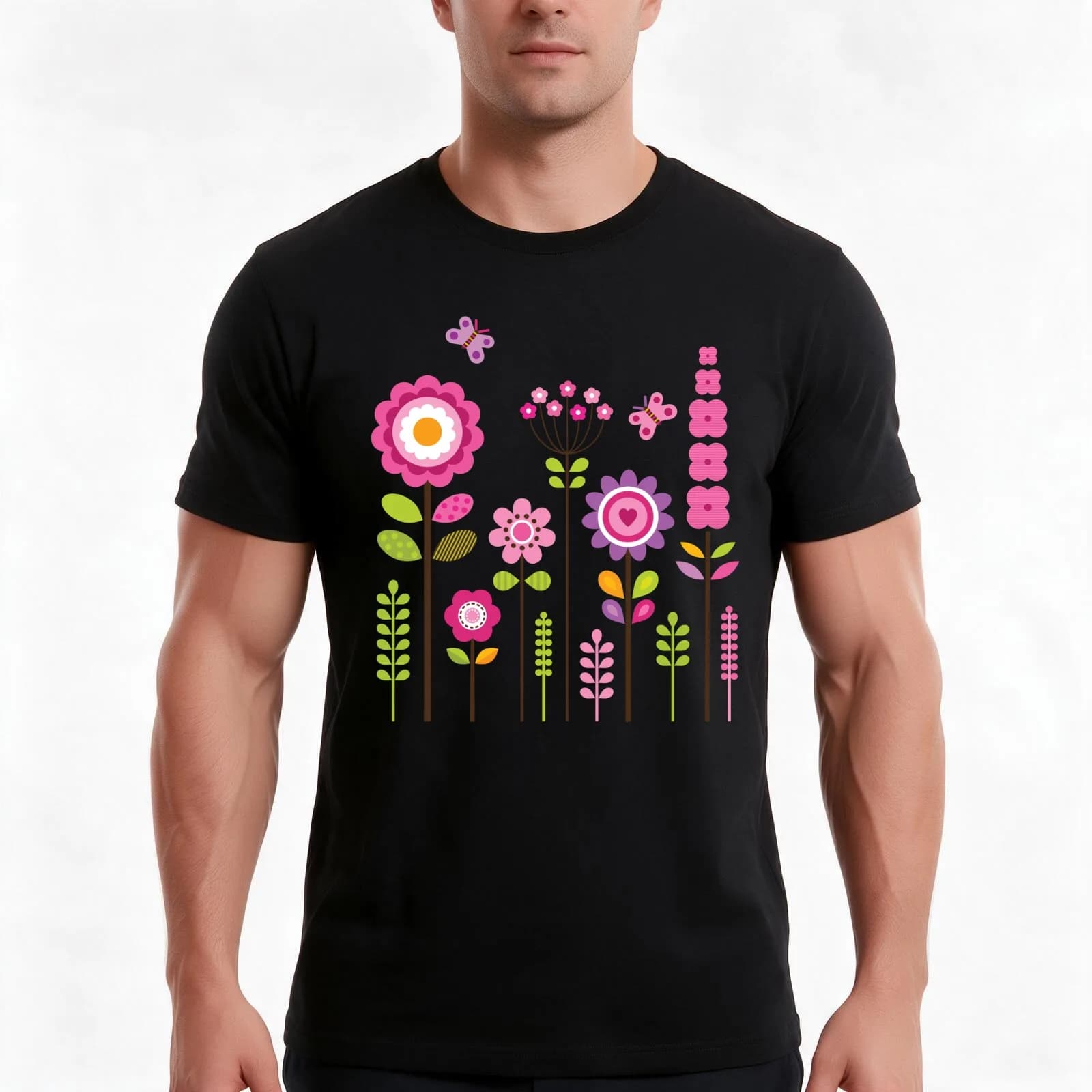 Mod Garden - Pink and Purple T-Shirt, Summer Casual Cotton Tee, Oversized Streetwear Tops, Vintage Graphic Print, 100% Cotton