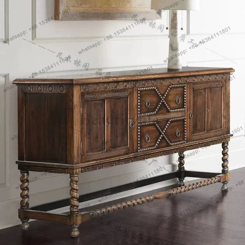 French retro solid wood old carved entrance cabinet medieval living room wall side cabinet