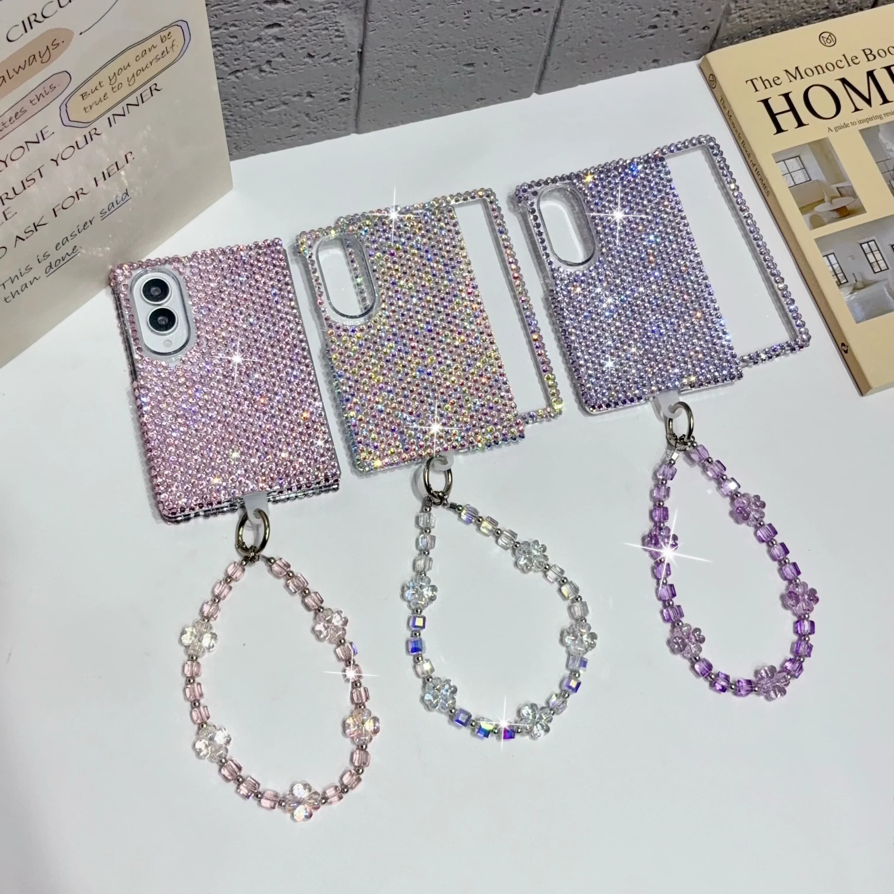 Bling Full Diamond Rhinestone Phone Case For Samsung Galaxy Z Fold 8 Wide Luxury Glitter Crystal Cover With Beaded Wrist Strap