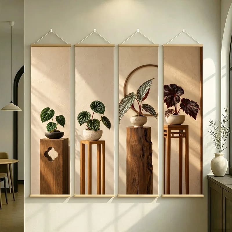 Wall Art Watermelon Peperomia and Black Prince Begonia, Wabi-Sabi Silver Shimmer Canvas Hanging Scroll for Tea Room Decor