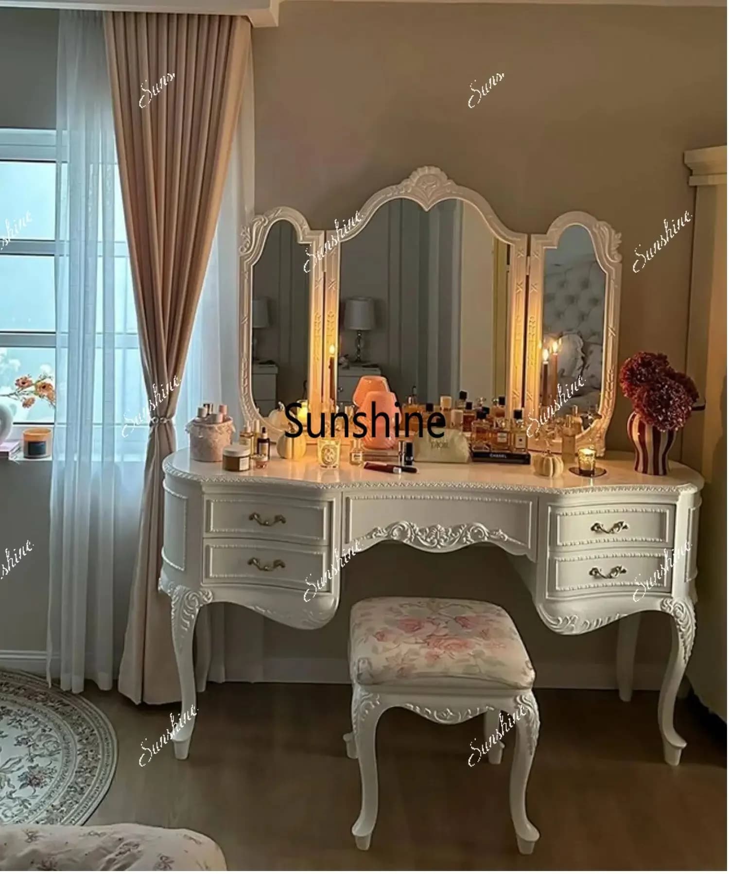 French light luxury solid wood dressing table European daughter room hand-carved dressing table  FT