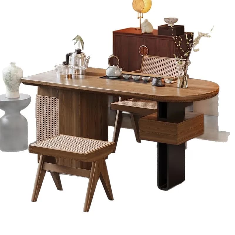YJQ Song Dynasty Aesthetic Solid Wood Balcony Tea Table and Chair Set, Rattan Weaving Home Compact New Chinese Zen Kung Fu
