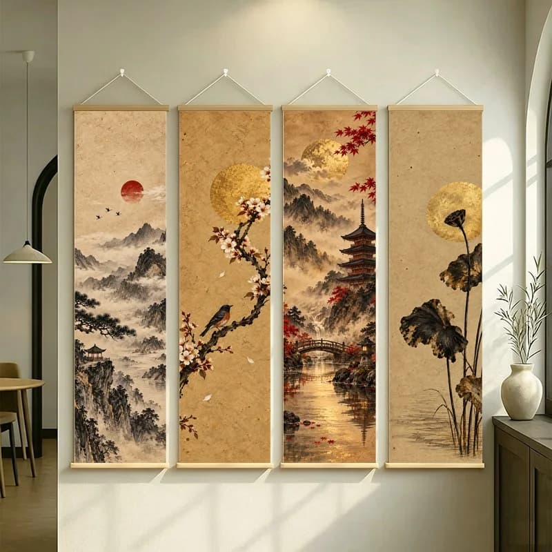 Japanese Landscape Wall Art with Four Seasonal Scenes on Silver Shimmer Canvas for a Serene Living Room or Tea Room