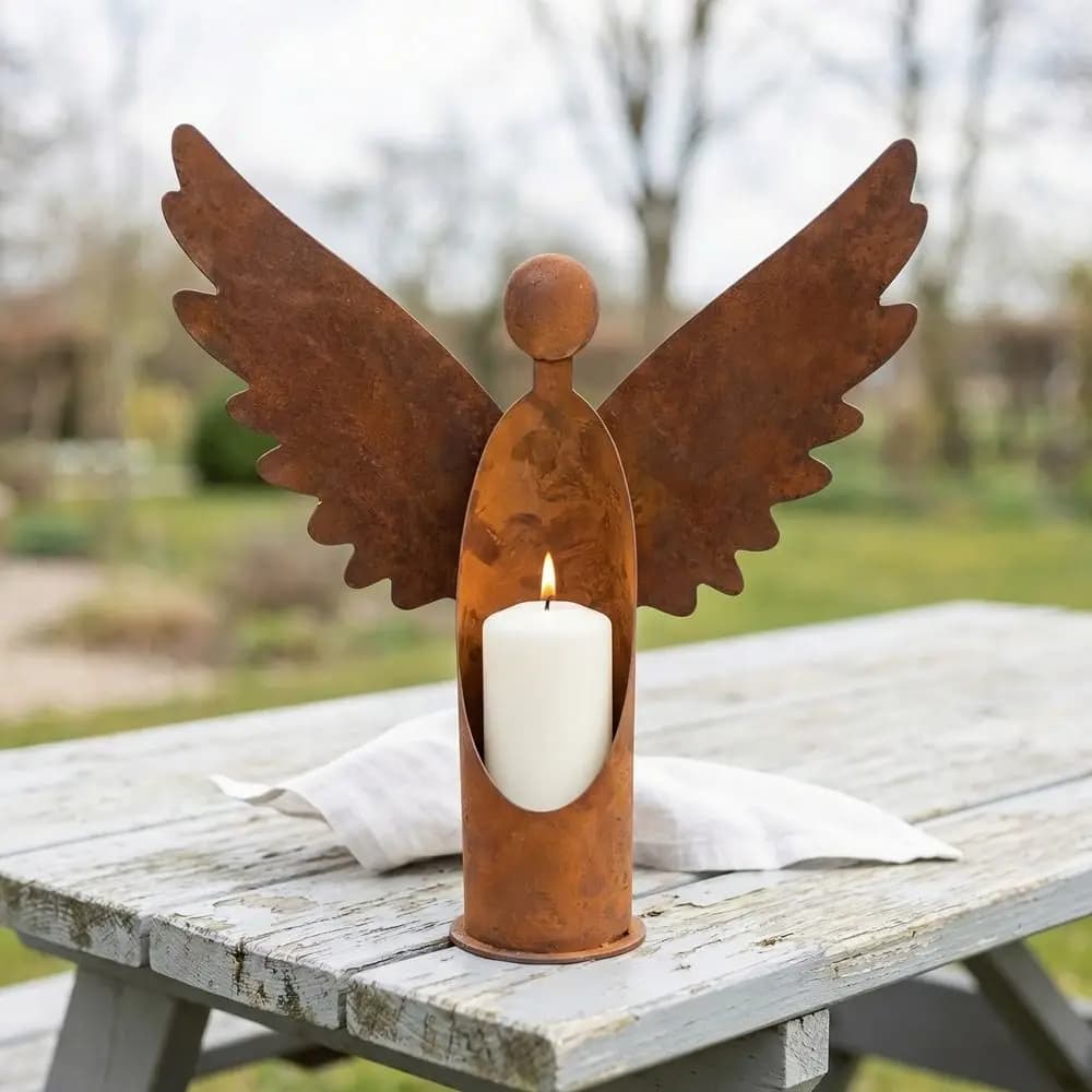 Romantic Rust Angel Candle Holder Metal Handcrafted Tabletop Candle Holder Vintage Candlestick Outdoor Decoration