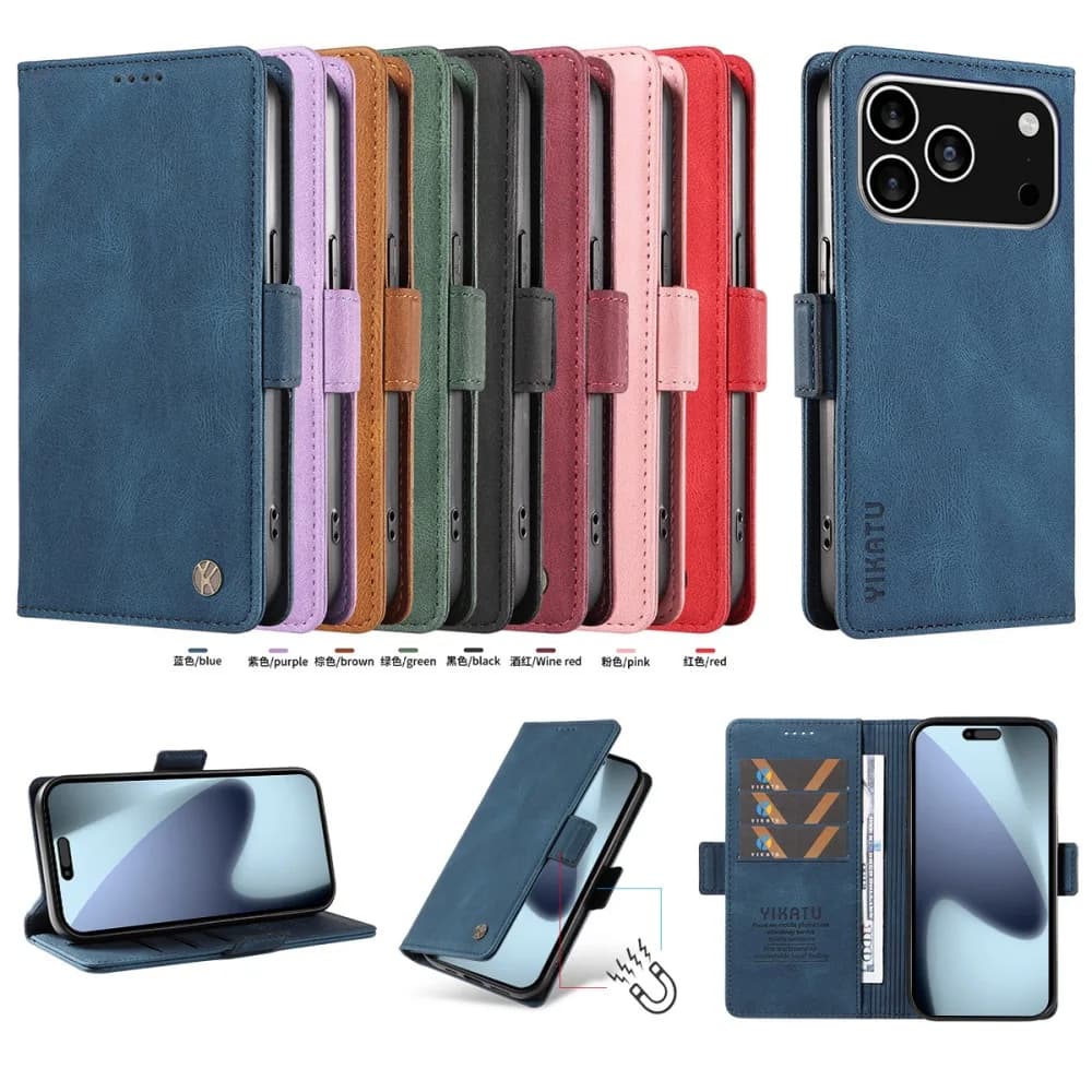 Solid Color Flip Phone Cover for iPhone Air 17 16 15 14 13 12 11 Pro Max 7 8Plus XS Max XR with Built-in Wallet Card Case Holder