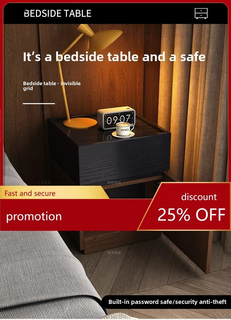 HXL Solid Wood Bedside Cabinet with Safe Integrated Hidden Home Bedroom Compartment Lockable Bedside Cabinet