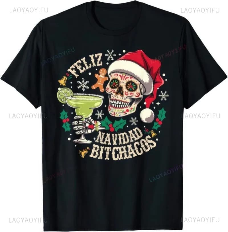 Merry Christmas Skull Tshirt Christmas Santa Hat T Shirt Horse Year Xmas Tees Round Collar  Men's Tees Woman Printing Tops