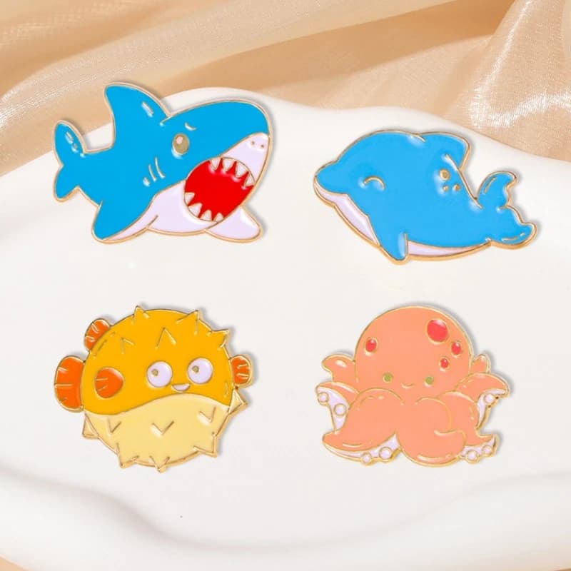 Cute Cartoon Sea Animal Brooch Shark Dolphin Octopus Pufferfish Metal Badge DIY For Clothing Bags Shoes Hat Scarf T-shirt Jeans